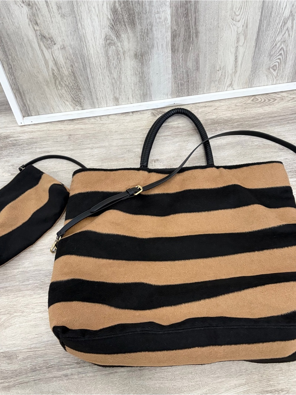 Anthropologie Striped Fuzzy Tote Bag XL Oversized Bucket Bag Boho